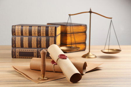Notary's public pen and documents with wax stamp on wooden table