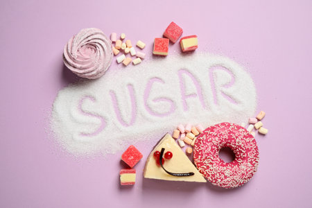 Flat lay composition with sweets and word SUGAR on lilac backgroundの写真素材
