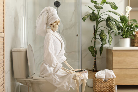 Skeleton in bathrobe with mobile phone sitting on toilet bowlの写真素材