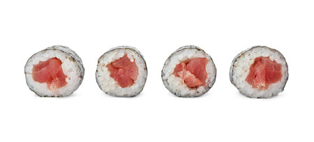 Delicious sushi rolls with tuna on white backgroundの写真素材