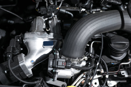 Close up view of engine bay in modern carの写真素材