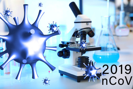 Modern microscope on table in laboratory. Researching of Coronavirusの写真素材