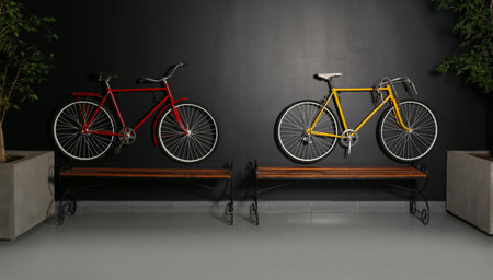 Color bicycles hanging on black wall indoorsの写真素材
