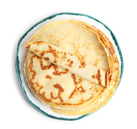 Stack of fresh thin pancakes isolated on white, top viewの写真素材