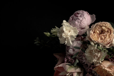 Beautiful bouquet of different flowers on black background, space for text. Floral card design with dark vintage effectの写真素材