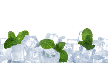 Ice cubes and mint on white backgroundの写真素材