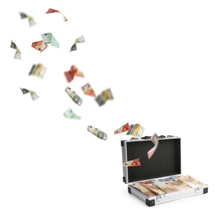Metal case full of money on white background