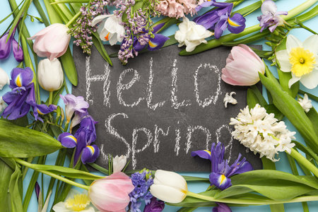 Board with words HELLO SPRING and fresh flowers on light blue background, flat lay