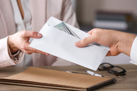 Man giving bribe to woman at table in office, closeupの写真素材