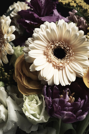 Beautiful fresh flowers as background, closeup. Floral card design with dark vintage effectの写真素材