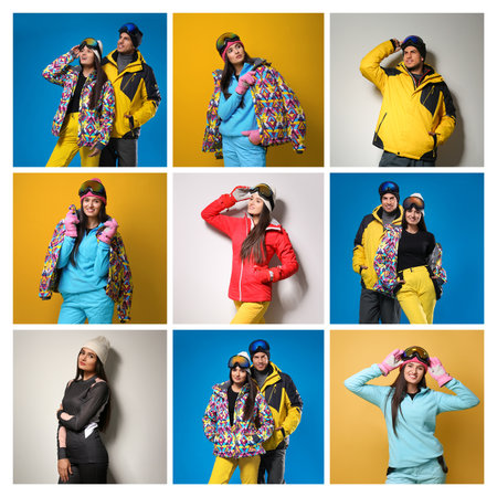 Collage with people wearing winter sports clothes on color backgroundsの写真素材