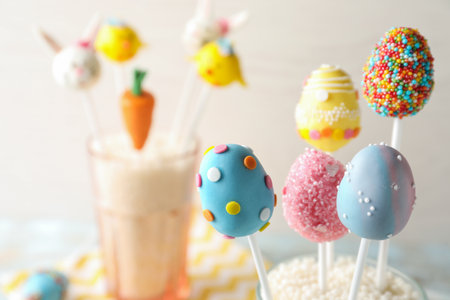 Egg shaped cake pops on light background, space for text. easter celebrationの写真素材
