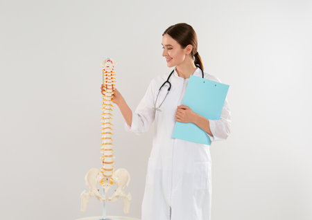 Female orthopedist with human spine model against light backgroundの写真素材