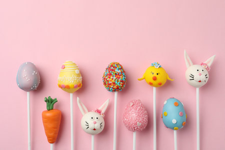 Delicious sweet cake pops for Easter celebration on pink background, flat layの写真素材