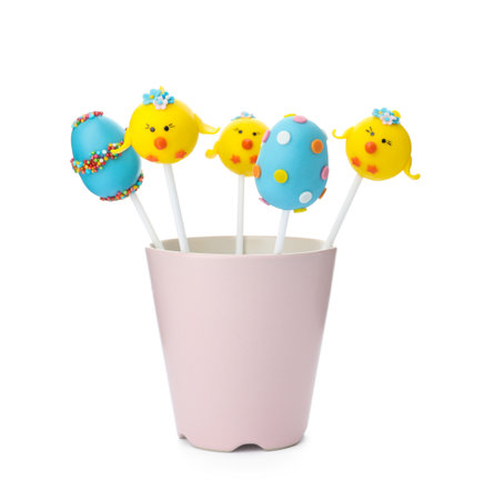 Different delicious sweet cake pops on white background. easter holidayの写真素材
