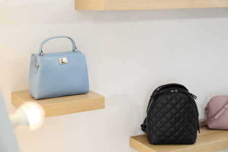 Stylish woman's bags on shelves in boutiqueの写真素材