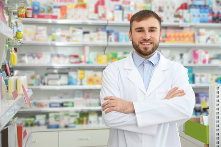Portrait of professional pharmacist in modern drugstore. Space for textの写真素材