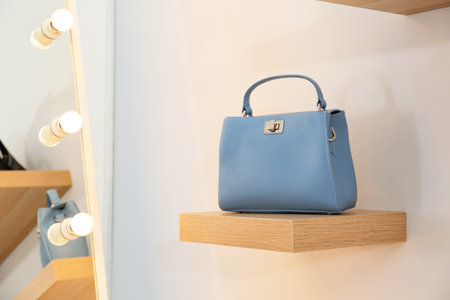 Stylish woman's bag on shelf in boutiqueの写真素材