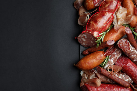 Different types of sausages served on black background, flat lay. Space for textの写真素材