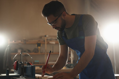 Professional carpenter making mark on wooden board in workshop