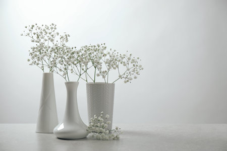 Gypsophila flowers in vases on table against white background. Space for textの写真素材