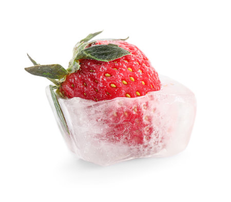 Ice cube with strawberries on white backgroundの写真素材