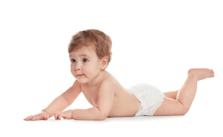 Cute little baby in diaper on white backgroundの写真素材