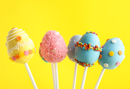 Different delicious eggs on yellow background, closeup. easter holidayの写真素材