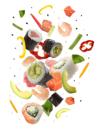 Different sushi rolls and ingredients on white backgroundの写真素材