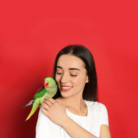 Young woman with Alexandrine parakeet on red background. cute petの写真素材