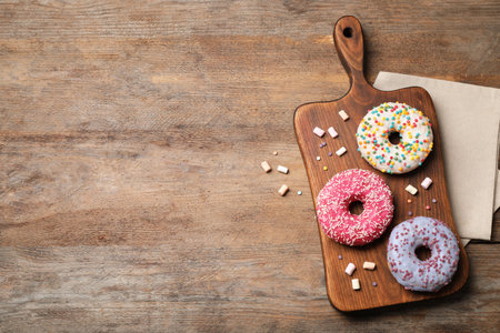Top view of yummy donuts with sprinkles on wooden table, space for textの写真素材