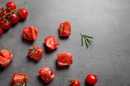 Ice cubes with tomatoes and rosemary on gray table, flat layの写真素材