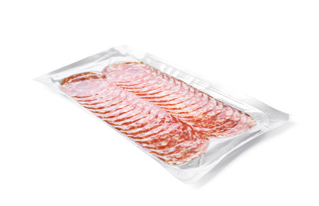 Slices of tasty sausage on white backgroundの写真素材