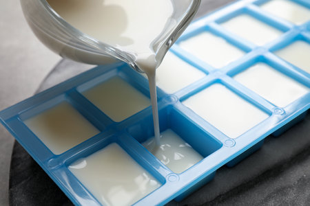 Pouring milk into ice cube tray at table, closeupの写真素材