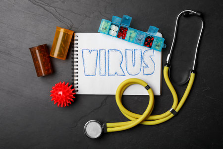 Flat lay composition with word VIRUS on black background