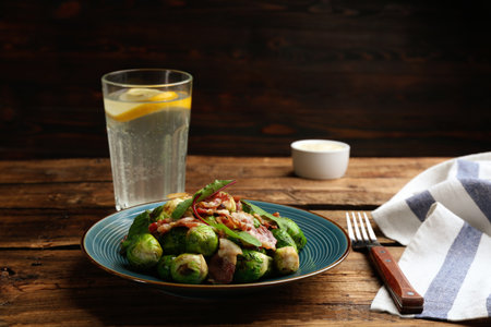 Delicious Brussels sprouts with bacon on wooden tableの写真素材