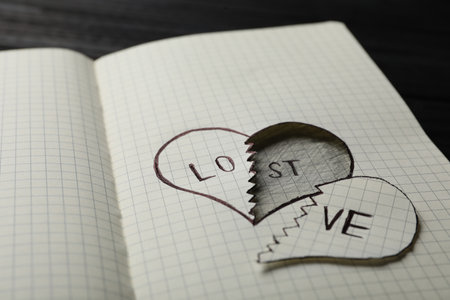 Broken heart with words LOVE and LOST in notebook on table, closeup. Relationship problems conceptの写真素材