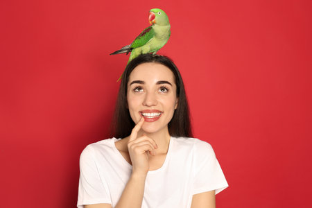 Young woman with Alexandrine parakeet on red background. cute petの写真素材