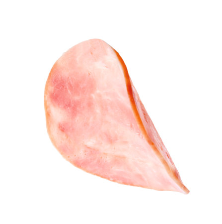 Slice of delicious ham isolated on whiteの写真素材
