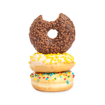 Sweet tasty glazed donuts on white backgroundの写真素材