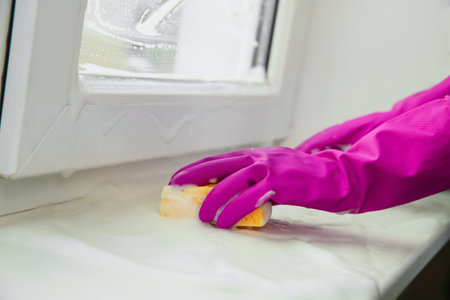 Woman cleaning window sill with sponge indoors, closeupの写真素材