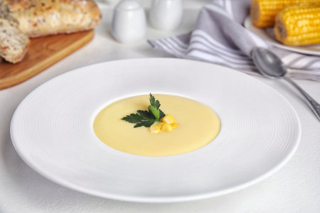 Delicious corn cream soup served on white tableの写真素材