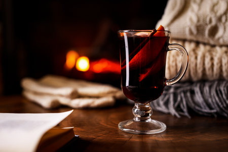 Tasty mulled wine, book, knitwear and blurred fireplace on backgroundの写真素材