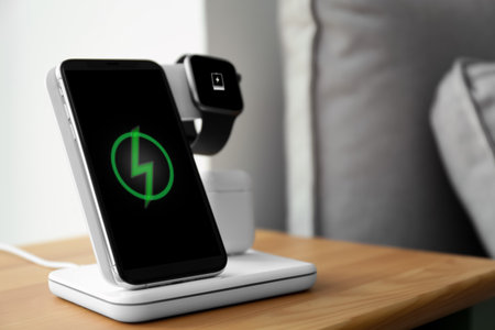 Smartphone, watch and earphones charging on wireless pad in room. Space for text