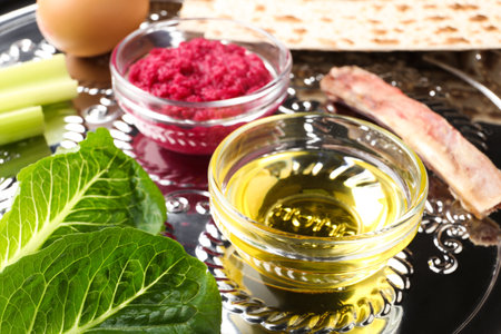 Closeup view of Passover Seder plate (keara) with traditional meal. Pesah celebration