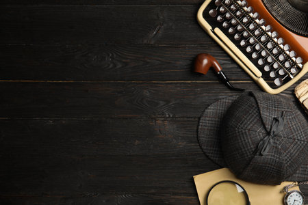 Composition with different vintage items on black wooden background, space for text. Detective layoutの写真素材