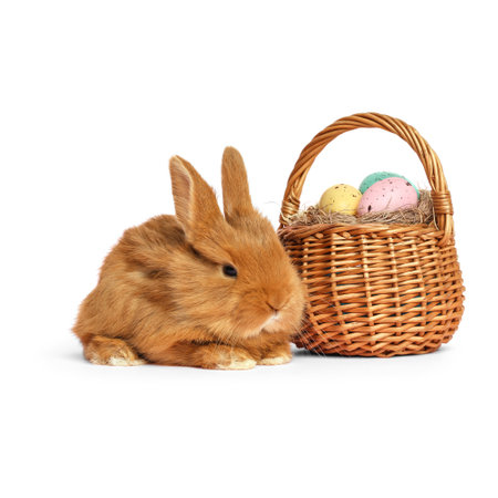 Adorable fluffy Easter bunny and wicker basket with painted eggs on white backgroundの写真素材