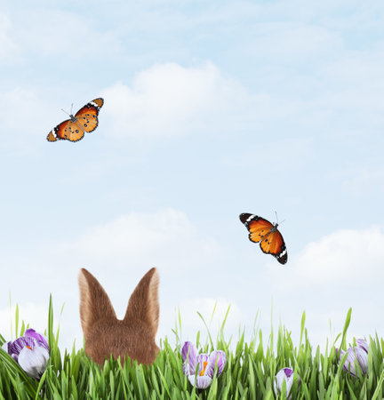 Cute Easter bunny hiding in green grass outdoorsの写真素材