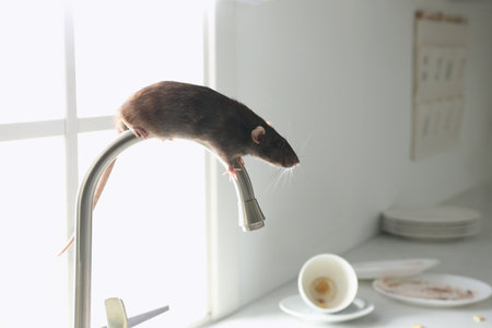 Rat on faucet in messy kitchen. pest controlの写真素材