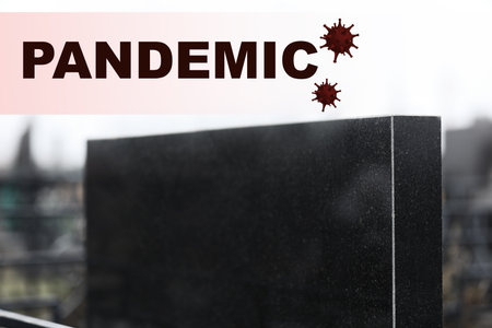 Black granite tombstone outdoors, closeup. outbreak of pandemic disease